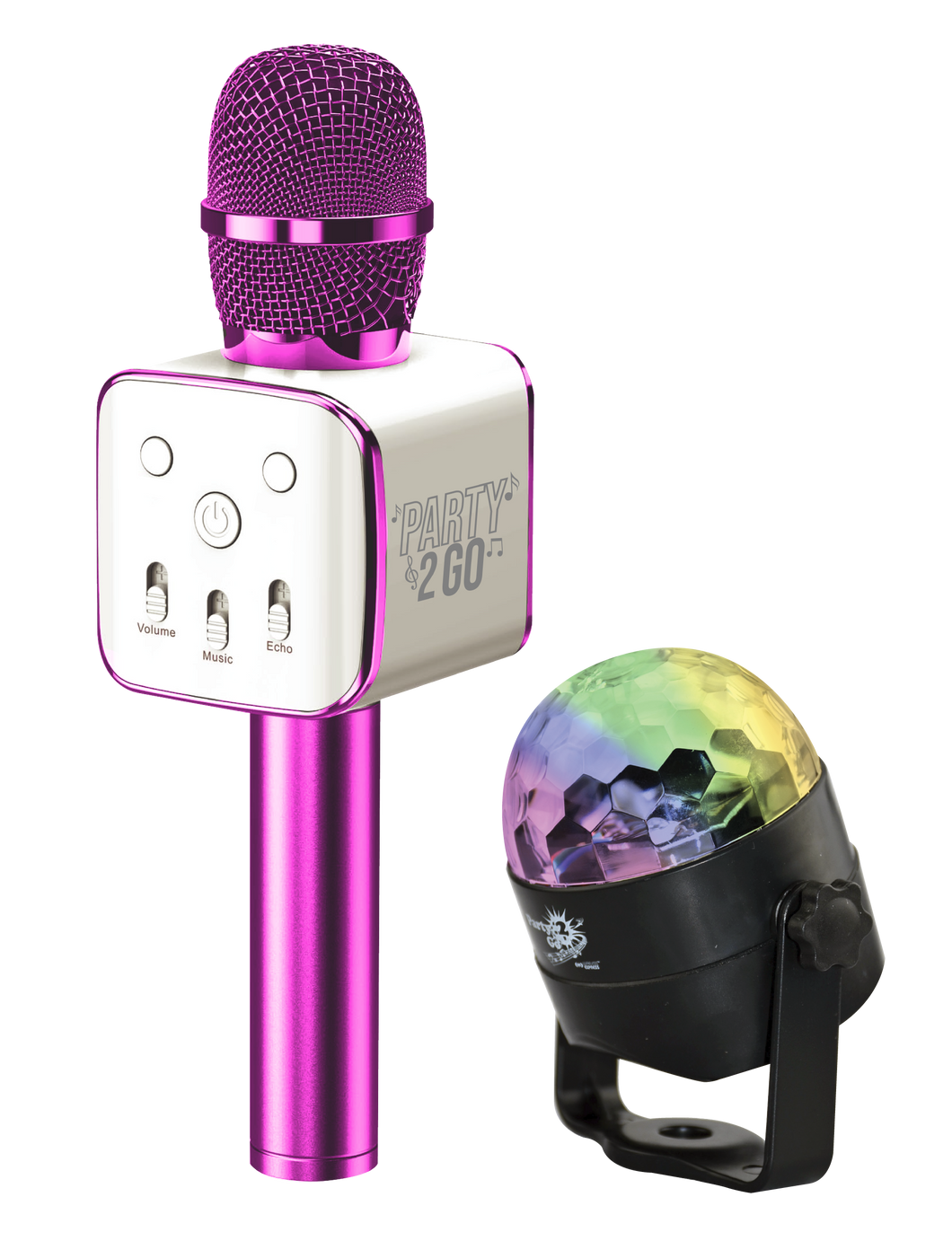 Wireless Express Fuchsia Party 2-Go Karaoke Microphone with Disco Ball - Bluetooth & LED Lights - Perfect for Kids, Adults, Parties, and Karaoke Events