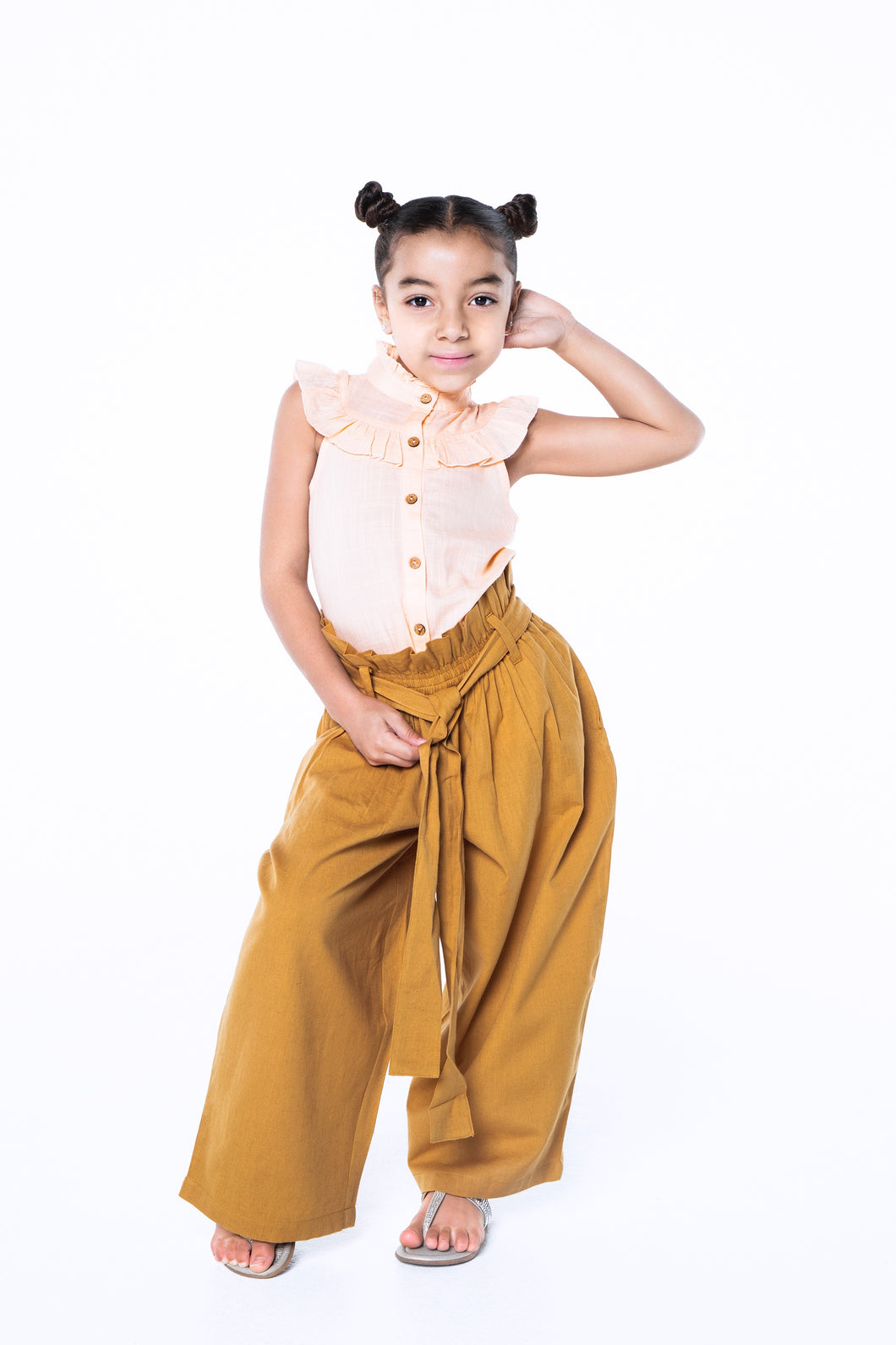 Blush Frill Top with Khaki Paper Bag Pants 2 pc. Set