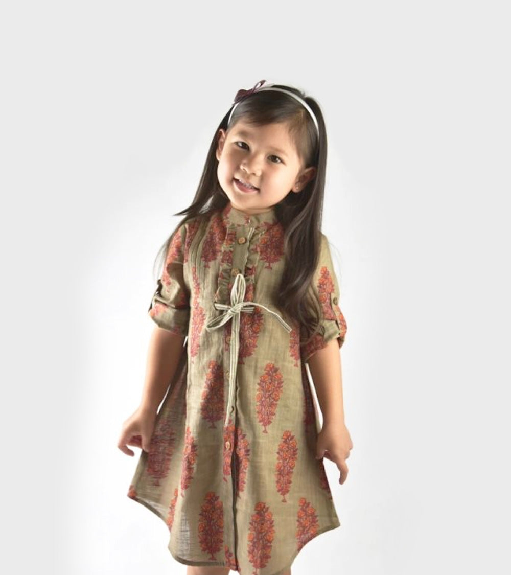 Brown Printed Shirt Dress with Pin-Tuck and Frill